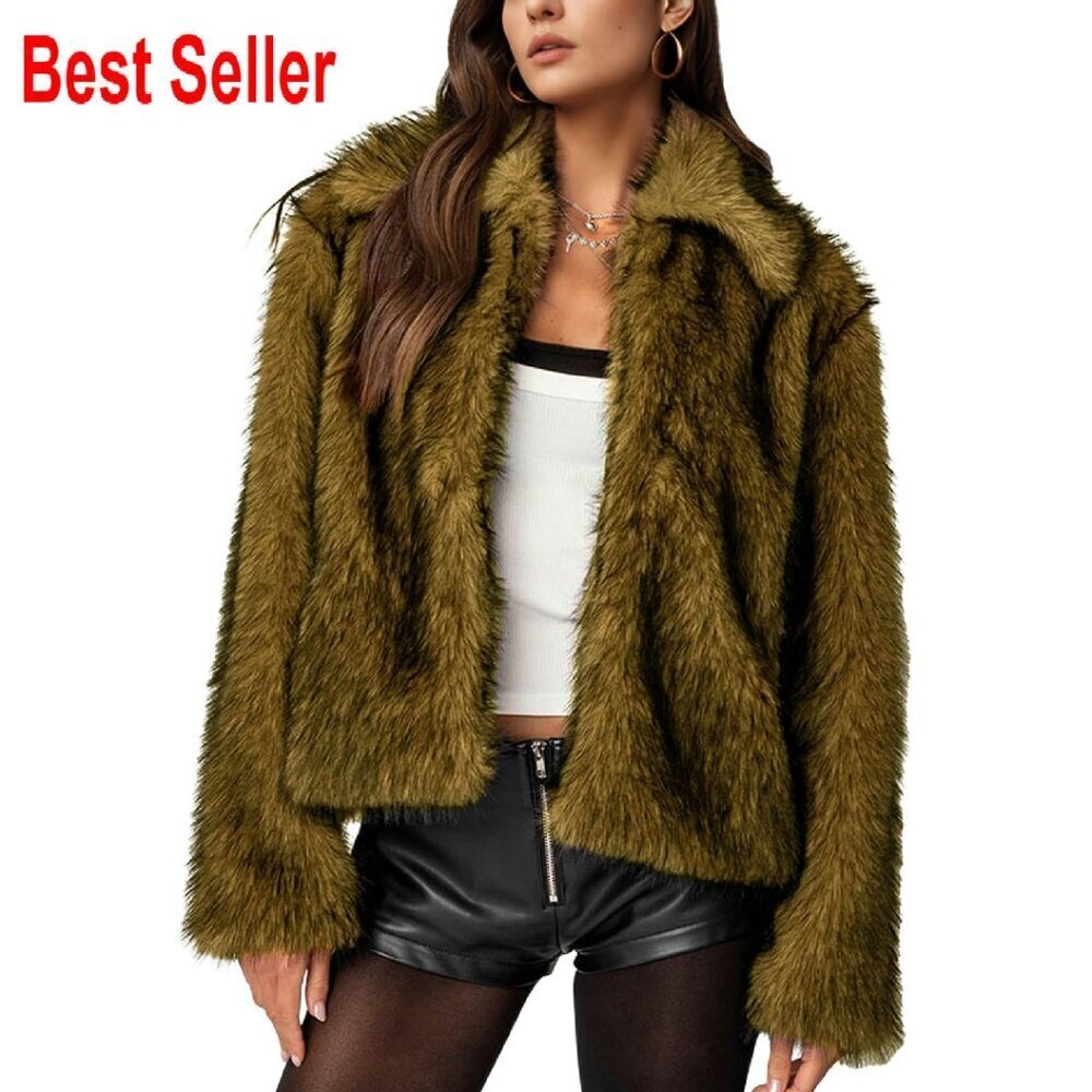 Faux Fur Cropped Jacket Open Front Fluffy Winter Coat Elegant Chic Outerwear